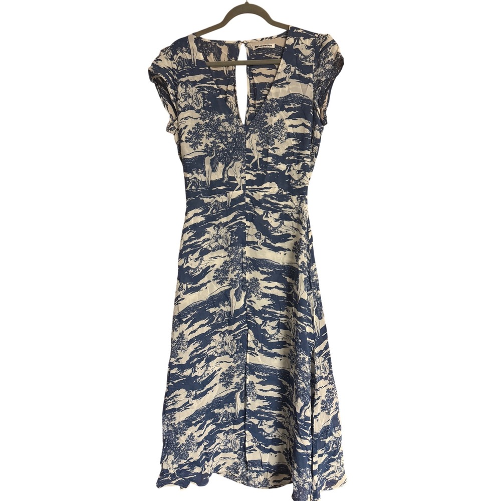 Reformation Wellfleet Dress Blue White Toile Midi Dress Open Back V-Neck Size 12
